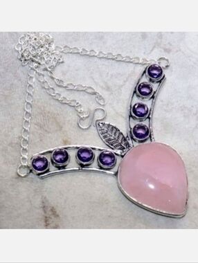 Rose Quartz, Amethyst Gemstones 925 Sterling Silver Handmade Necklace
